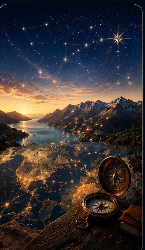 Compass and star map over a coastal mountain landscape