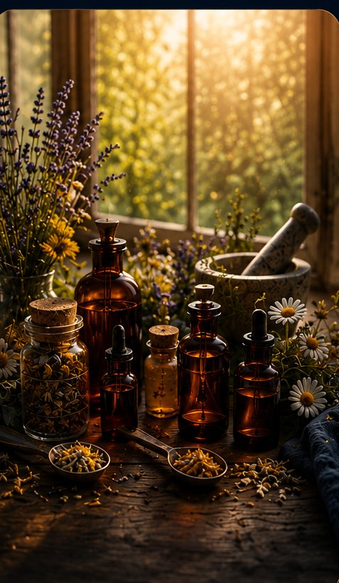 Herbs and homeopathic remedy bottles by a sunlit window